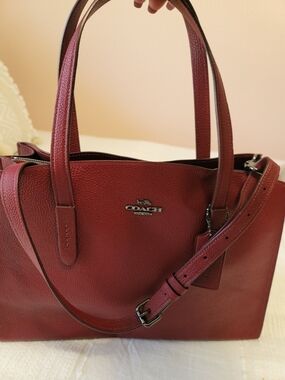 COACH Pebbled Leather Shoulder Tote in Burgundy Red